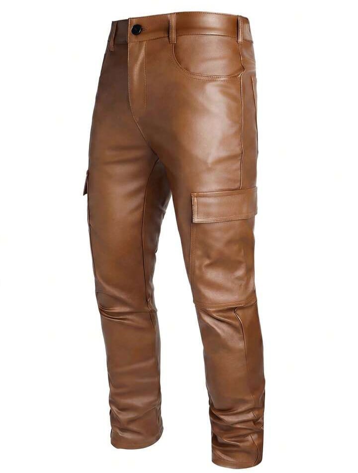 Men's Versatile Solid Color Casual Trousers Pants Brown Leather Pants
